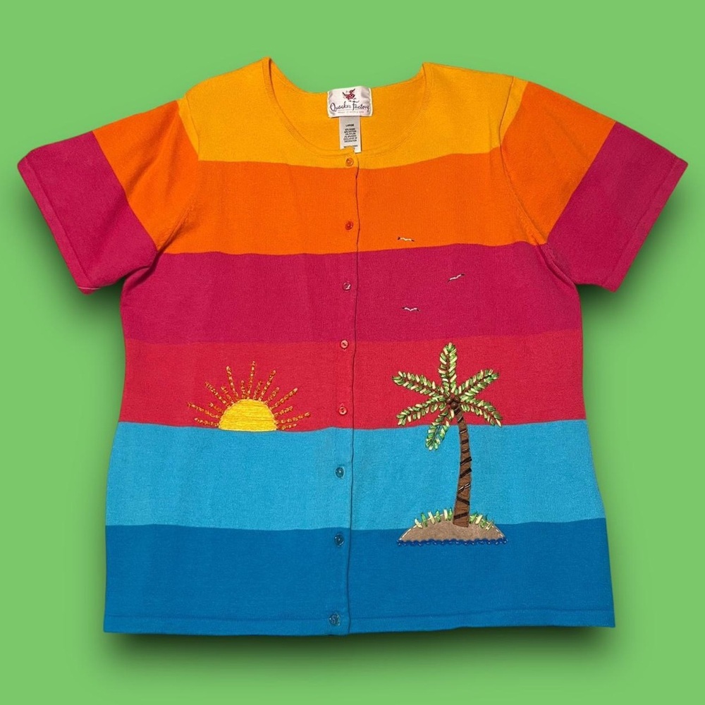 Quacker Factory Tropical Embroidered Sweater Size Large Beach Eclectic